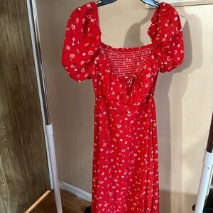 Red Floral Puff Sleeve Dress